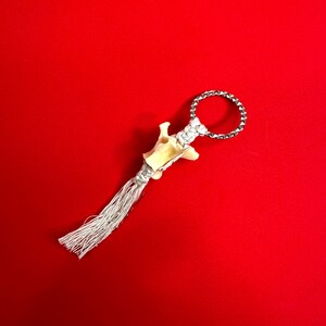 May include: A handmade keychain with a silver ring and a decorative element. The keychain features a cream-colored, bone-shaped charm, a silver-colored woven section, and a white tassel. The background is a solid red.