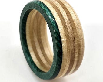 Recycled Skateboard Ring • Teal Stripe & Maple Wood • Handmade Wood Band