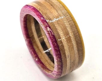 Recycled Skateboard Ring: 7-Layer Wood, Pink & Yellow