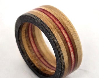 Skateboard Ring - Made From Recycled Skateboards - Red Graphite and Natural Wood Colors