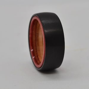 Skateboard Ring Tungsten Carbide  - Comfort Fit Interior Lined With Wood From A Broken Skateboard - Red On Red