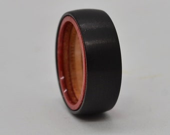 Skateboard Ring Tungsten Carbide  - Comfort Fit Interior Lined With Wood From A Broken Skateboard - Red On Red