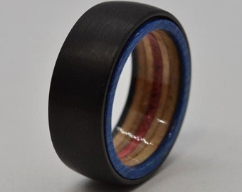 Skateboard Ring Tungsten Carbide  - Comfort Fit Interior Lined With Wood From A Broken Skateboard - Black Blue & Red