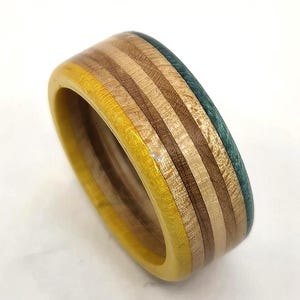 Recycled Skateboard Ring: 7-Layer Wood, Yellow & Teal
