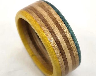 Recycled Skateboard Ring: 7-Layer Wood, Yellow & Teal