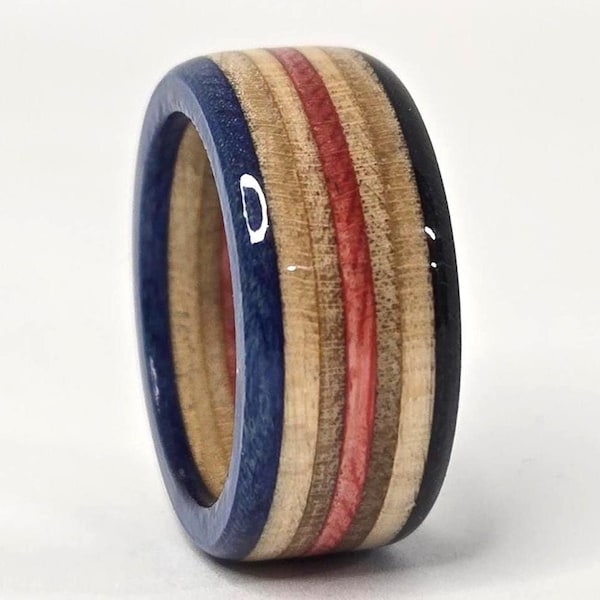 Recycled Skateboard Ring - Red, Black, and Blue