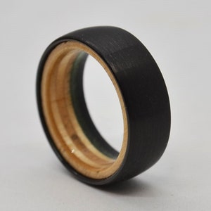 Skateboard Ring Tungsten Carbide  - Comfort Fit Interior Lined With Wood From A Broken Skateboard - Black Green & Natural Wood