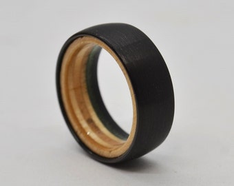 Skateboard Ring Tungsten Carbide  - Comfort Fit Interior Lined With Wood From A Broken Skateboard - Black Green & Natural Wood
