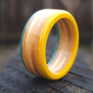 Skateboard Ring - Recycled Skateboards - Wood Rings - Skater Gifts - 7 Layer - Yellow Natural and Teal Wooden Rings