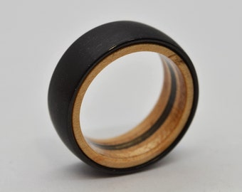 Skateboard Ring Tungsten Carbide  - Comfort Fit Interior Lined With Wood From A Broken Skateboard - Black Stripe