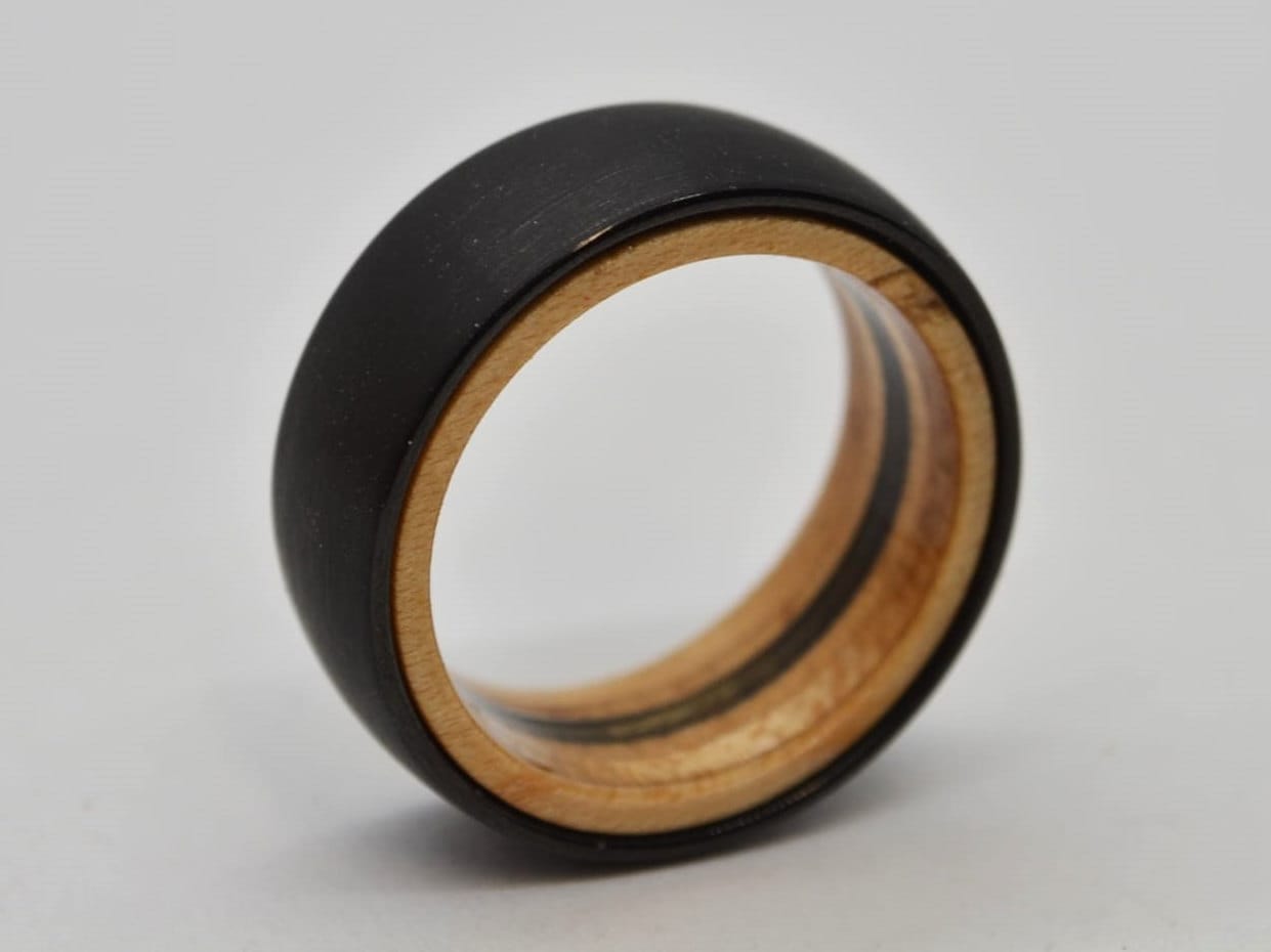 Skateboard Ring Tungsten Carbide  - Comfort Fit Interior Lined With Wood From A Broken Skateboard - Black Stripe
