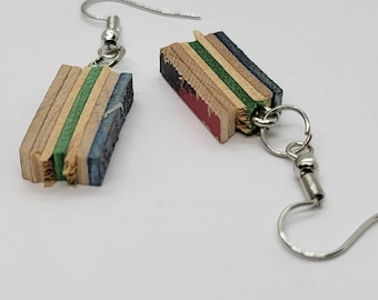Broken Edge Skateboard Dangle Earrings - Recycled Skateboards - Blue Green Natural Wood - Skater Gift - Repurposed Broken Skateboard Jewelry