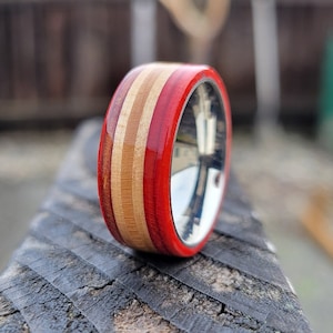 Skateboard Ring With Stainless Steel Comfort Fit Core - Red Outside and Natural Inside Layers