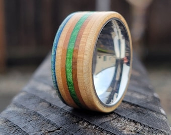 Skateboard Ring With Stainless Steel Comfort Fit Core - Blue, Green, and Natural