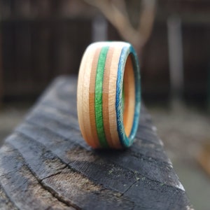 Skateboard Ring - Recycled Skateboards - Green, Blue, and Natural Wooden Rings