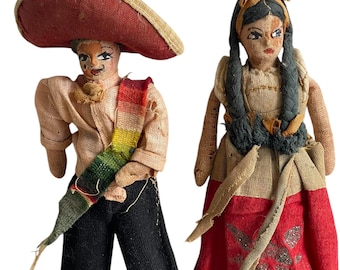 Vintage Mexican Dollhouse Dolls Handmade Man and Woman 9 inches Tall -Folk Art