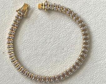 Vtg 925 Sterling Silver Gold Vermeil CZ Tennis Bracelet 7.25" Wave Link Design