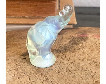 Sabino France Opalescent Art Glass Elephant Figurine Raised Trunk Label 2.25"