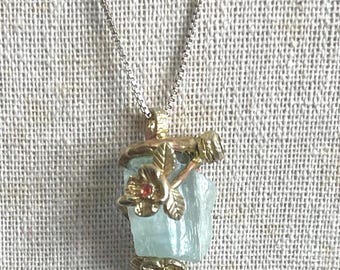 Aquamarine Pendant Necklace Sterling Silver 925 Gold Vermeil Leaf Branch 17"