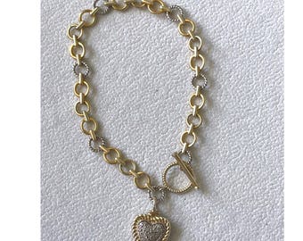 Vintage 925 Sterling Silver Two Tone Pavé Heart Charm Toggle Bracelet 7" 9g