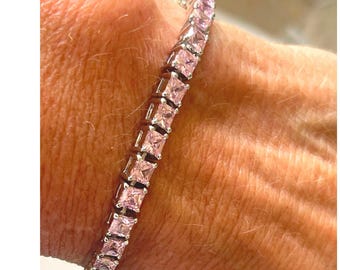 Vintage 925 Sterling Silver Pink CZ Princess Cut Tennis Bracelet 7.5"