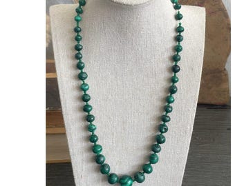 Vintage Natural Malachite Graduated Bead Necklace 20" Green Banded Stone 72g