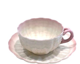 Belleek Tridacna Cup & Saucer-2nd Black Mark (1891–1926) Parian Porcelain