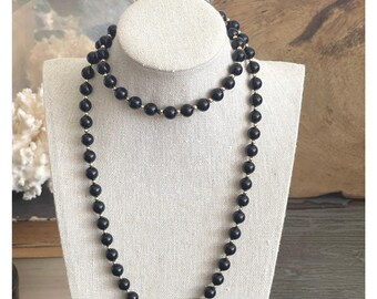 Vintage 14K Gold & Black Onyx Bead Necklace 30" Opera Length 8mm Beads 53g