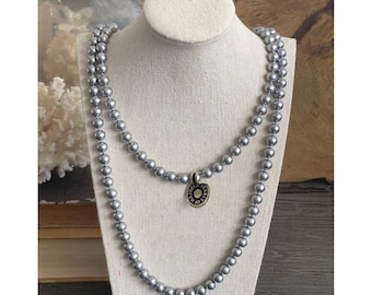 Vintage Majorica Gray Pearl Necklace 54" Long Hand Knotted 8.3mm Mallorca Spain