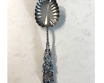 Vtg 925 Sterling Silver Shell Sugar Spoon Turquoise Enamel Floral Twisted Stem
