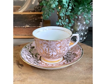 Colclough Bone China Teacup & Saucer Pink Gold Floral Chintz England Vintage