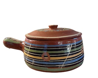 Vintage Mexican Redware Tlaquepaque Pottery Lidded Bean Pot with Handle-Large