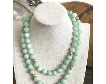 Vintage Aventurine Bead Necklace 32" Endless Strand Gold Tone Spacers 106g