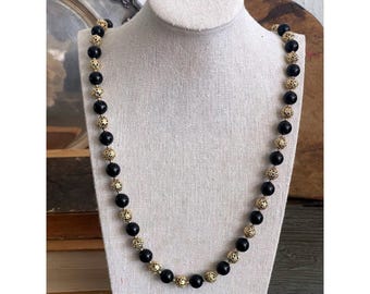 Vintage 28" Black Onyx & 4/20 Gold Filled Filigree Bead Statement Necklace 61g
