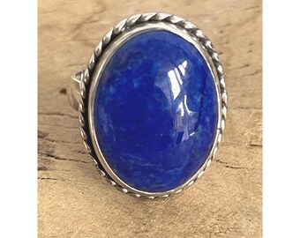 Vintage 925 Sterling Silver Lapis Lazuli Ring Size 7 Oval Cabochon  Rope Bezel