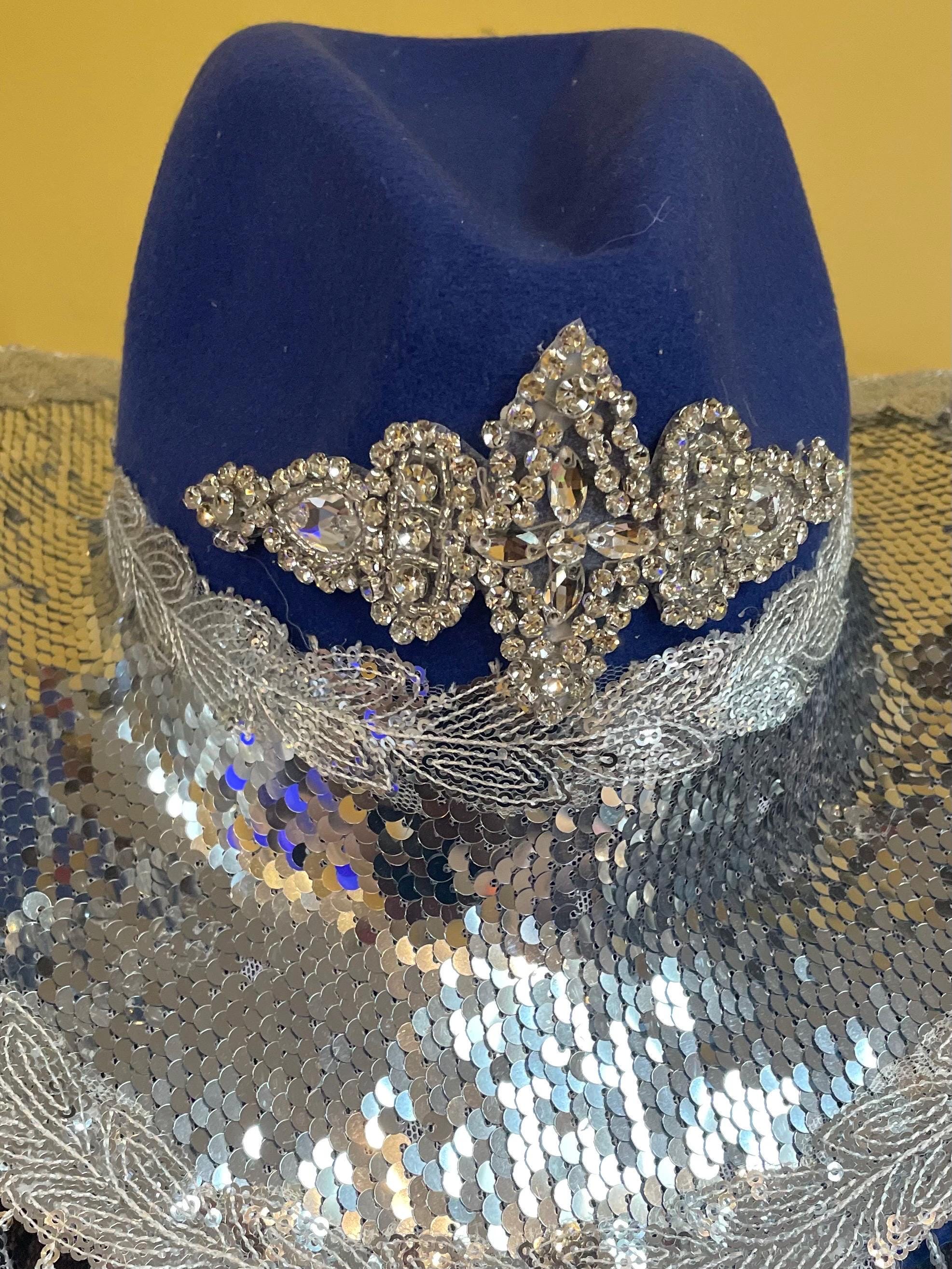 Elegant Blue Cowboy Hat with Silver Sequin Accents Blue Sparkly Iridescent Glitter Space Cowboy Hat  main image 4