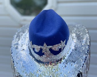 Elegant Blue Cowboy Hat With Silver Sequin Accents - Etsy UK display picture 3