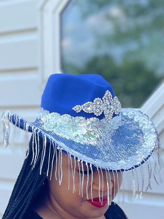 Elegant Blue Cowboy Hat With Silver Sequin Accents - Etsy UK display picture 1