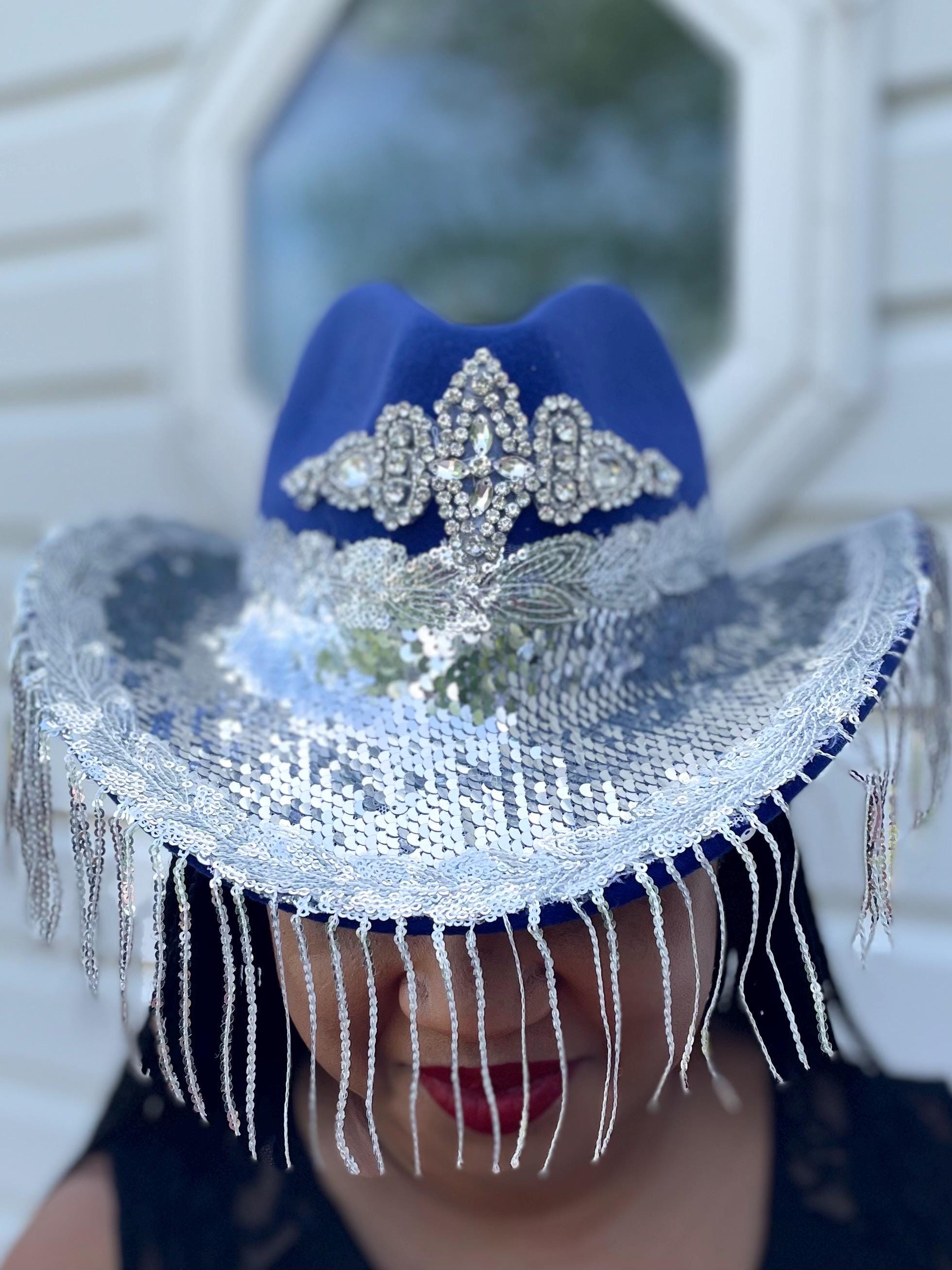 Elegant Blue Cowboy Hat With Silver Sequin Accents - Etsy UK display picture 1