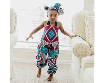 African Print Girls Jumpsuit and Hair Wrap Set