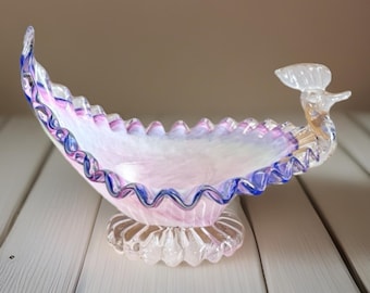 Vintage Italian Art Glass Murano Peacock White Pink Blue Candy Dish Bowl