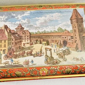 Vintage German E Otto Schmidt Large Tin Box Hinged Top Nurnberg Biscuit Tin 16&quot;