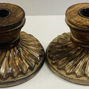Vintage Hand Carved Wooden Candlestick Holders - Mid-Century Modern Set of 2