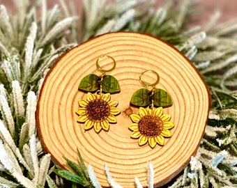 Handmade Wooden Sunflower dangling earring