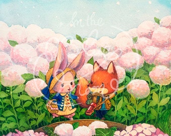 May include: A watercolor illustration of a rabbit and a fox standing in a field of pink hydrangeas. The rabbit is wearing a blue dress and a straw hat, and the fox is wearing a blue shirt and a brown vest. The fox is holding a red and white striped bag.