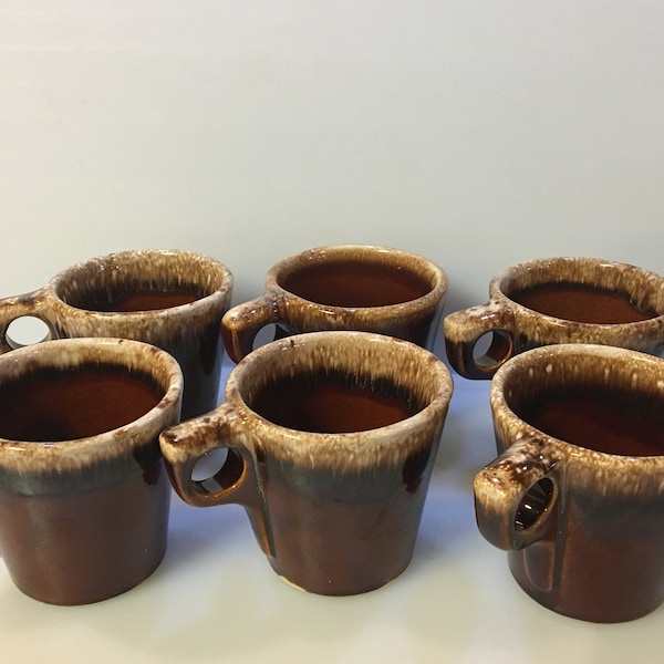 Brown Drip Hull Pottery Mugs, USA Oven Proof, Small Chips on Bottom