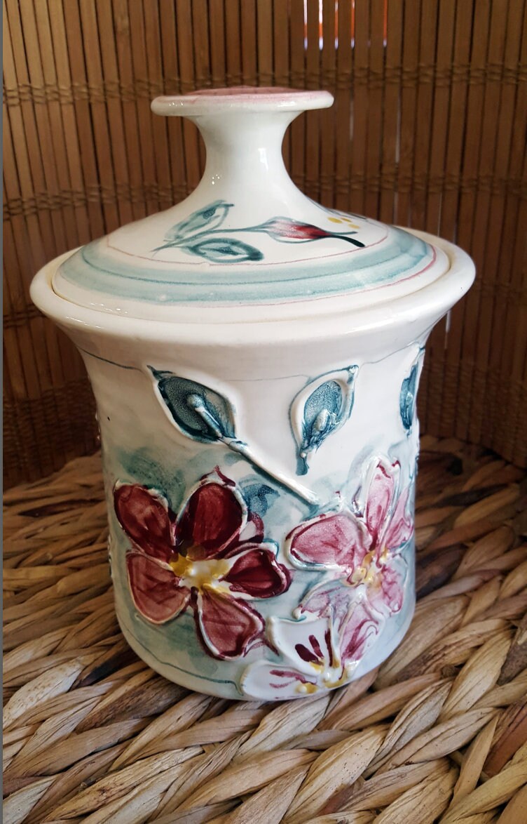 Vintage white and floral hand painted ceramic lidded Jar Etsy