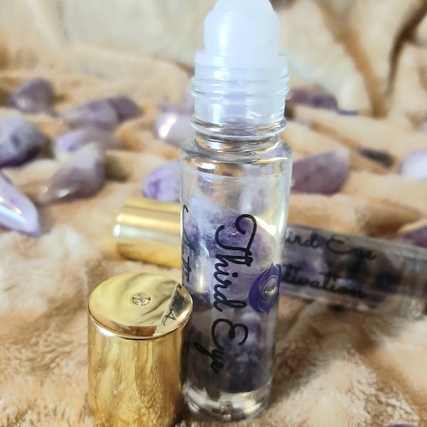 3rd EYE Activation! Amethyst body oil-roll on, healing crystals for chakra alignment, peace, calm & relaxation, yoga or spiritual altar