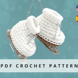 May include: A crochet pattern for making a pair of white ice skates. The pattern is available as a PDF download.