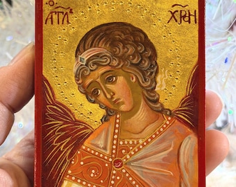 Hand Painted Guardian Angel Orthodox Icon – 24K Gold Leaf, Baptism Gift